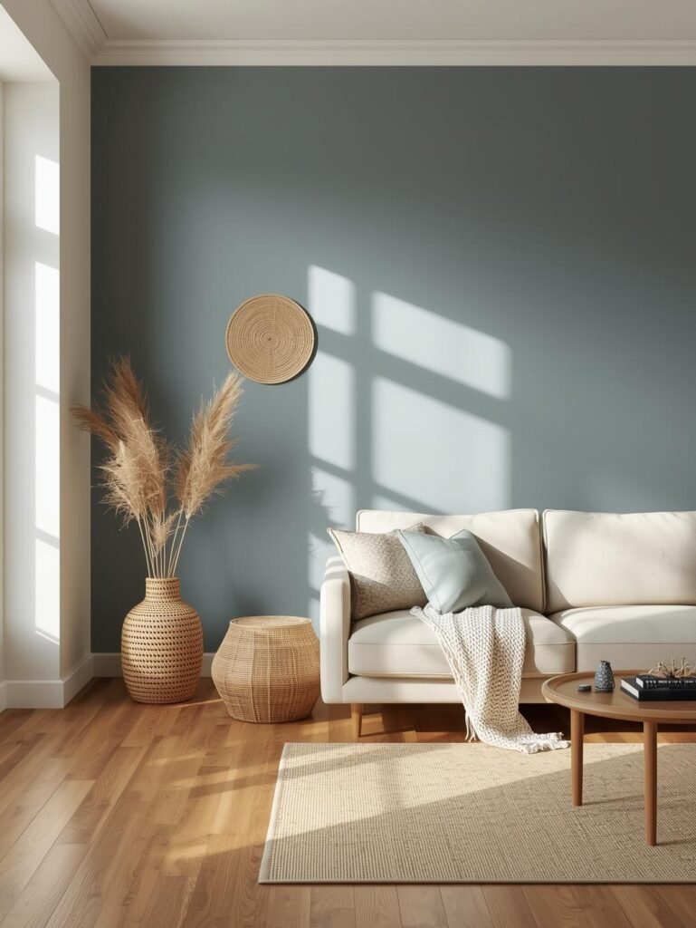 Dusty blue walls layered with beige upholstery and wood textures create a calm and welcoming living space.