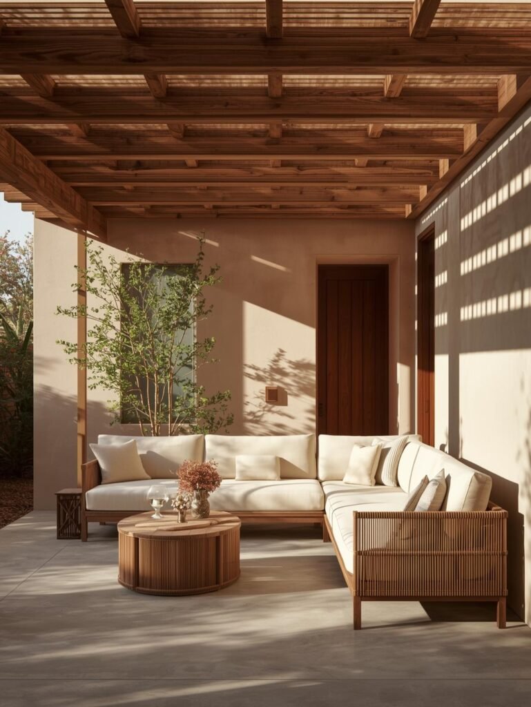 Layered earthy tones bring comfort and warmth to this outdoor patio design.