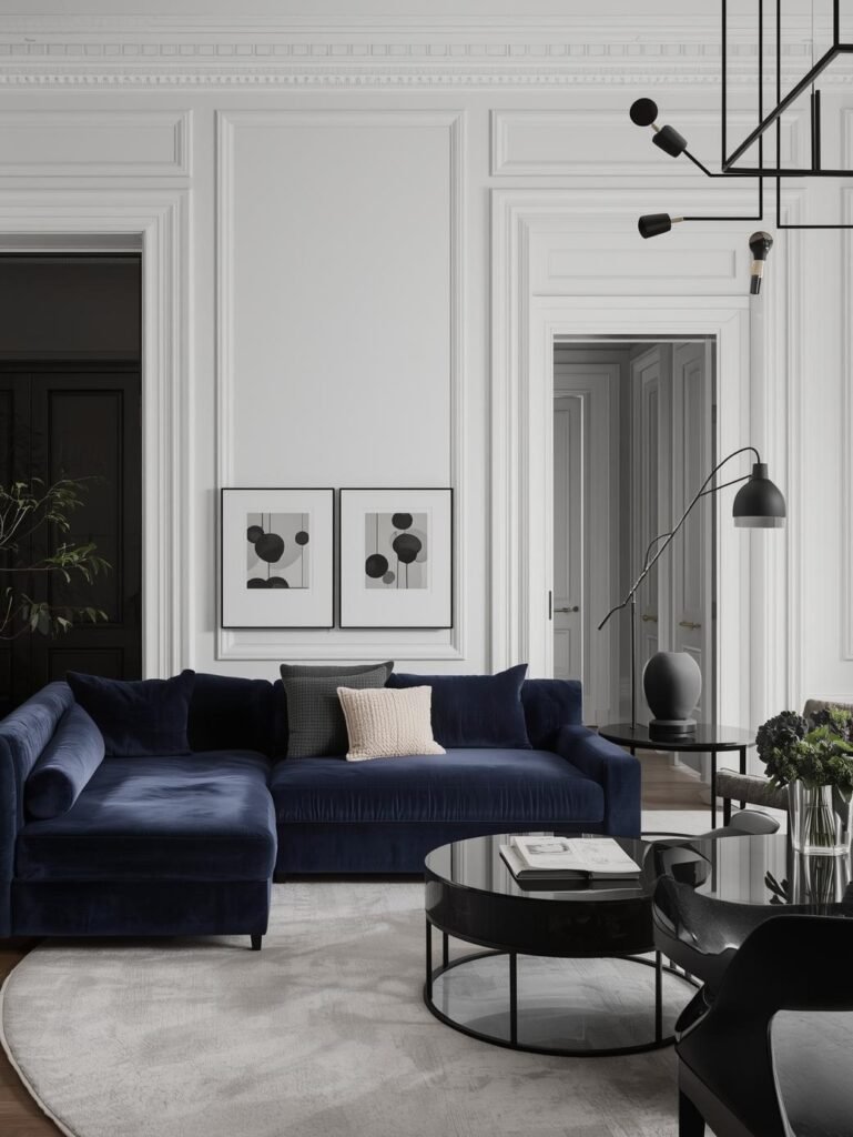 A stylish living room featuring a navy blue sectional sofa with decorative pillows, a round black coffee table, modern art prints on the wall, and a contemporary chandelier.