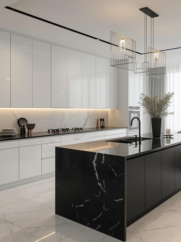 Modern kitchen featuring sleek white cabinetry, black marble island, and contemporary lighting.