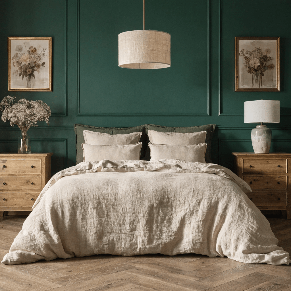 A deep forest green accent wall adds elegance and depth to this modern bedroom.