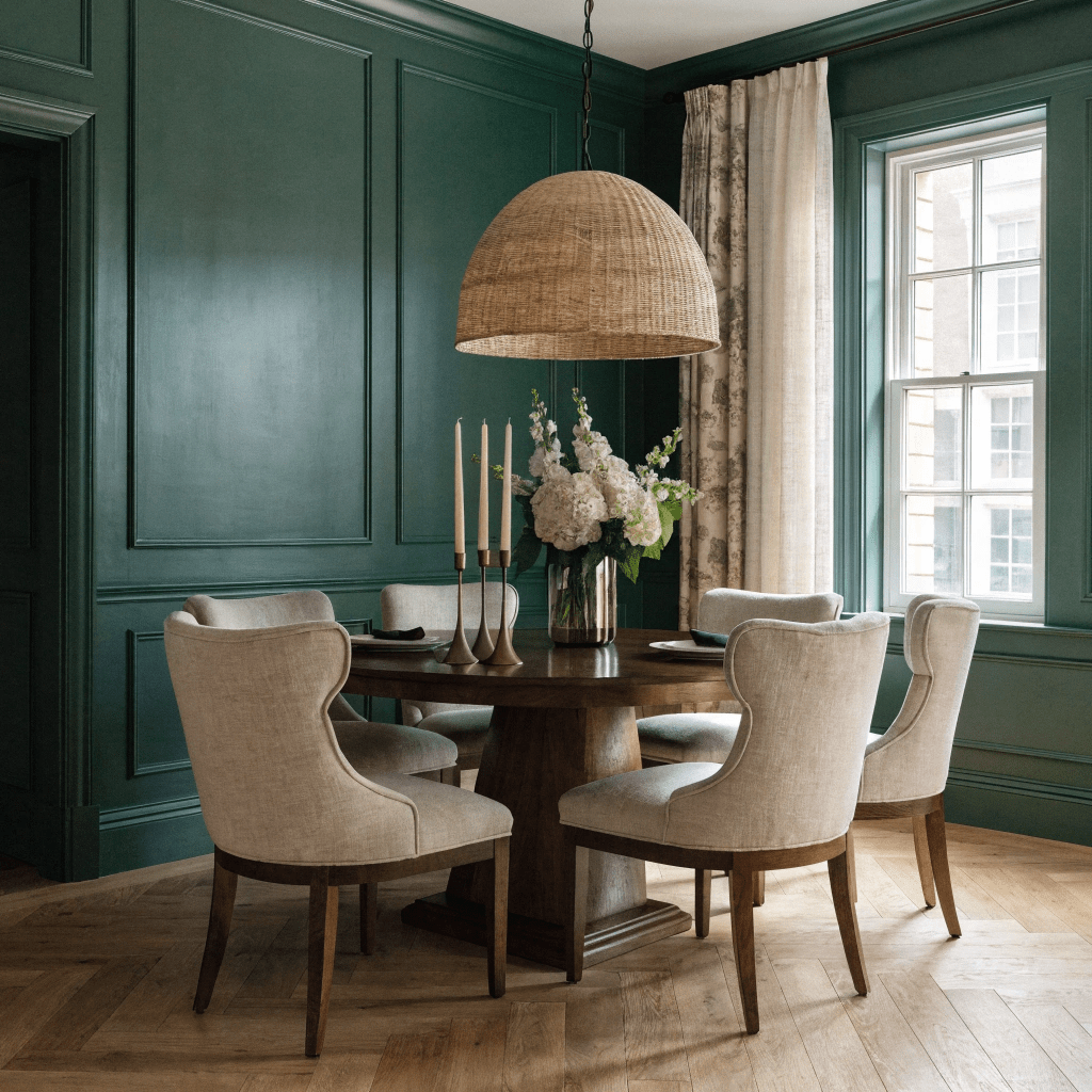 Forest green walls paired with wood furniture create a rich and elegant dining room.
