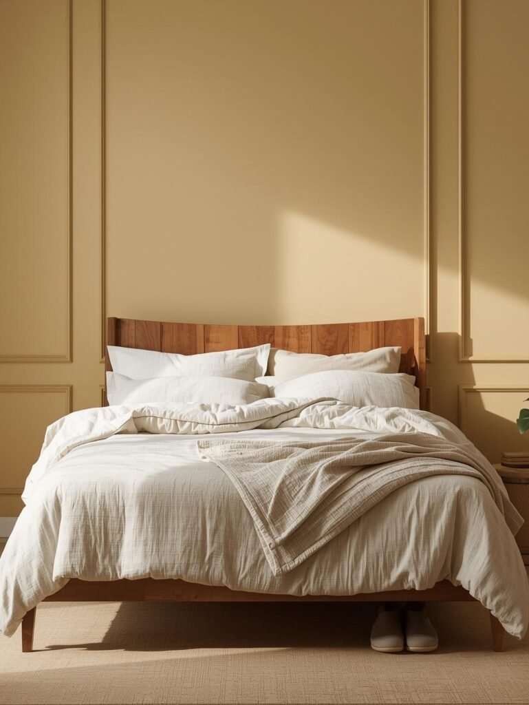 Golden beige walls and soft linen bedding create a cozy, layered bedroom retreat.