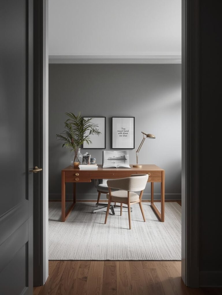 Soft gray walls and natural wood accents bring warmth to this neutral home office palette.