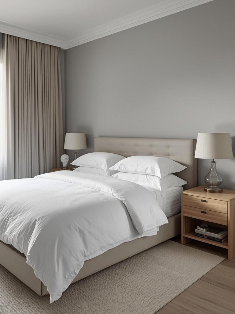 Light gray and crisp white combine for a clean and calming bedroom color palette.