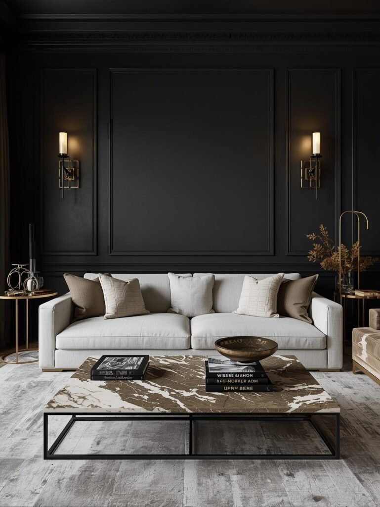 A modern living room featuring a light-colored sofa with decorative cushions, a stylish marble coffee table with dark accents, and black paneled walls with sconces. The flooring is a light wood, adding warmth to the contemporary design.