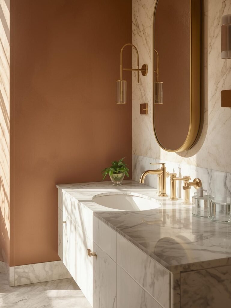 Brass fixtures and warm marble surfaces add subtle richness to this modern bathroom.