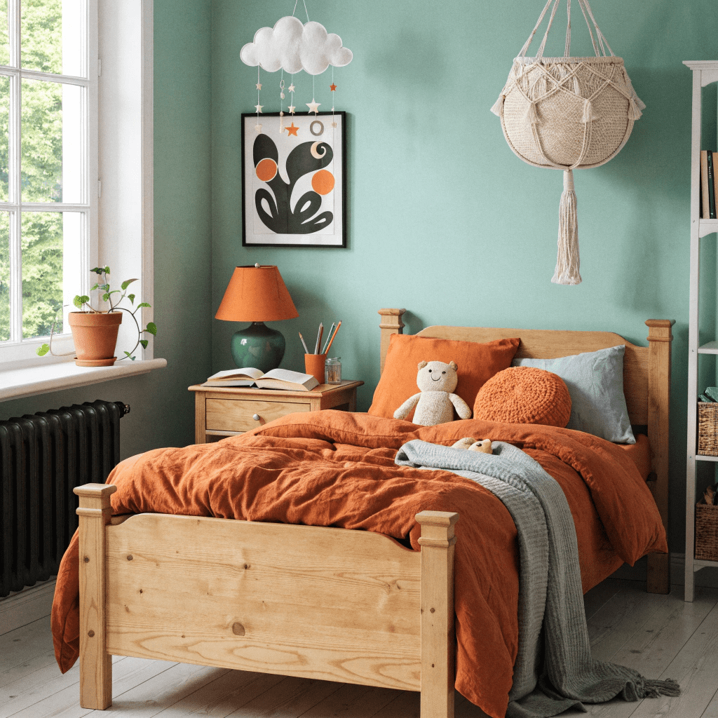 Mint green tones bring brightness and freshness to this kids room design.