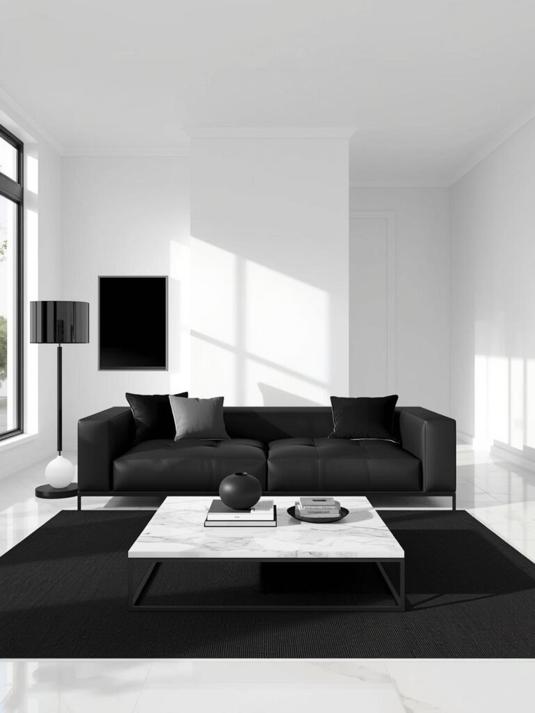 Modern living room featuring a black leather sofa with gray throw pillows, a marble coffee table, and a black accent lamp, set against a minimalist white wall.