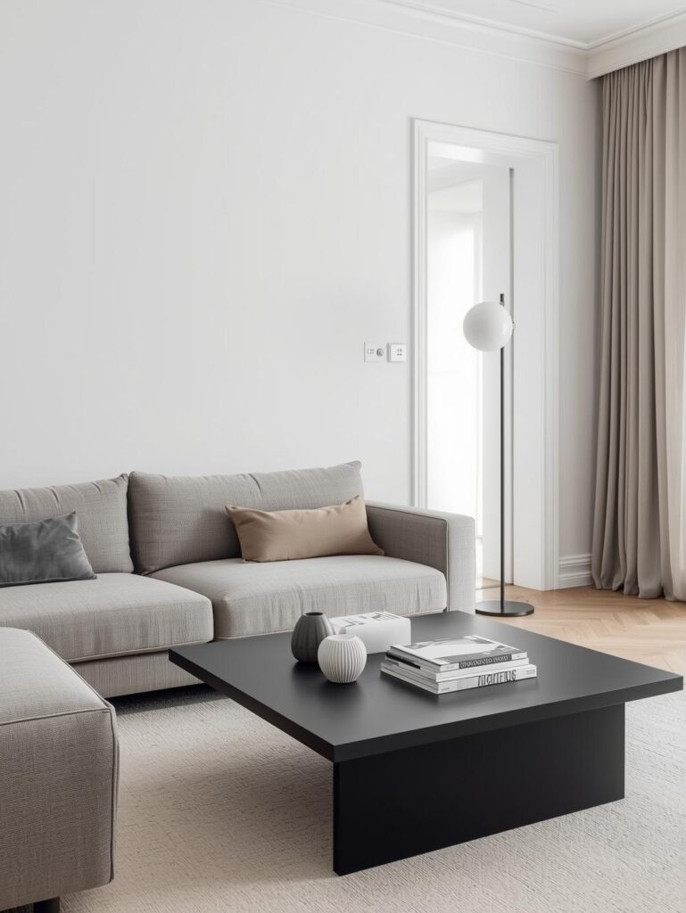 Modern living room featuring a light grey sofa with decorative pillows, a black coffee table with magazines and decorative vases, and large curtains beside a standing lamp.