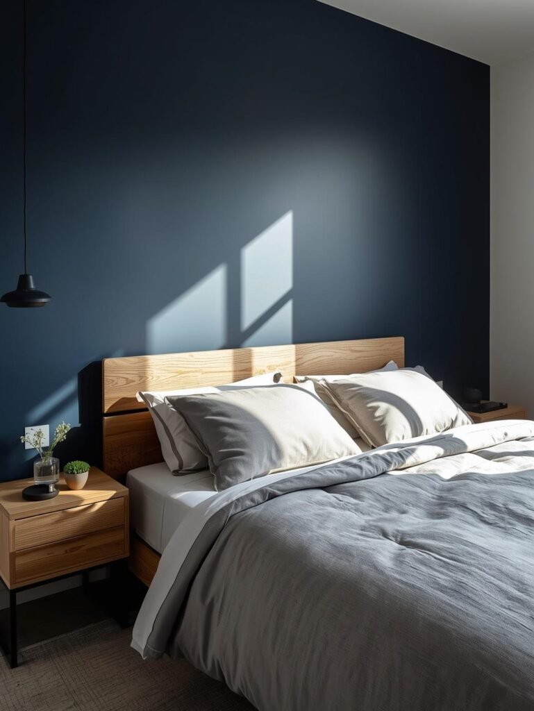 A navy accent wall combined with soft gray textiles adds depth and calm to this bedroom palette.