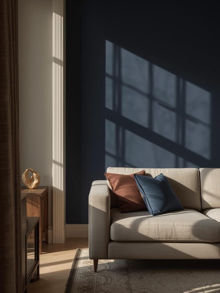 A navy accent wall adds depth and sophistication to this neutral living space.