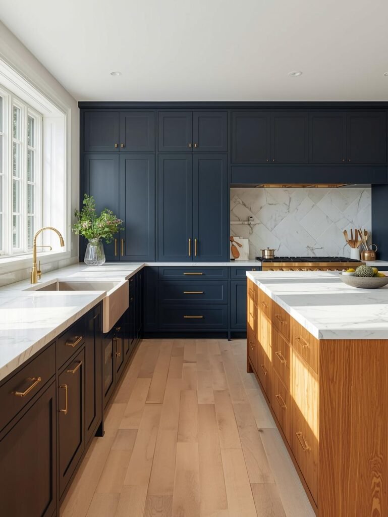 Navy cabinetry paired with brass fixtures and marble countertops creates a timeless kitchen color palette.