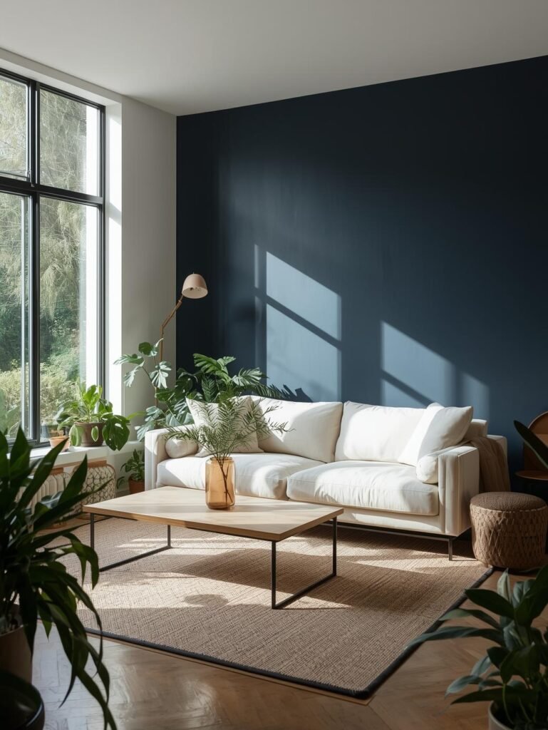 A modern living room featuring a navy accent wall paired with cream seating and natural wood textures.