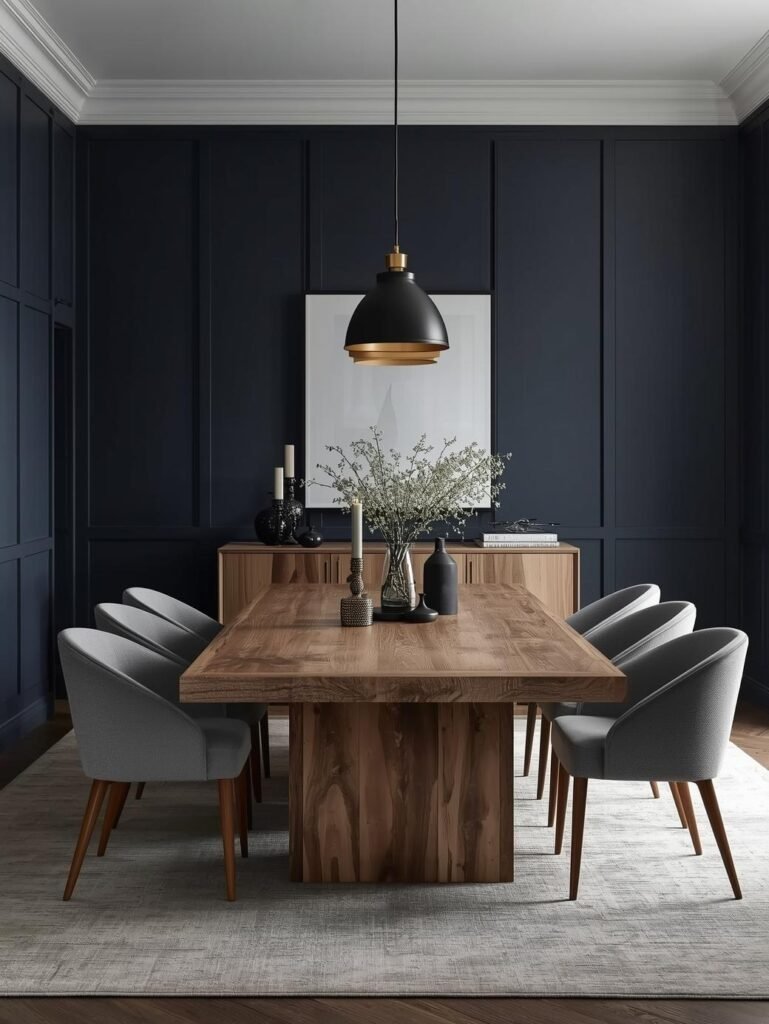 Navy walls paired with natural wood furniture create a warm and elegant dining space.