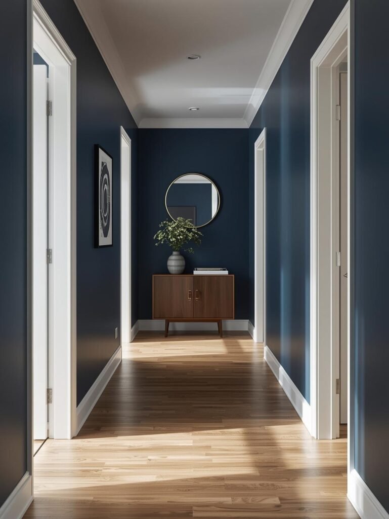 A navy hallway accent wall adds depth and character to a minimalist entry space.