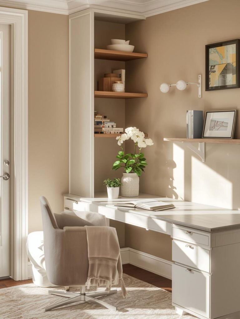 A calm beige and white palette creates a focused and balanced home office environment.
