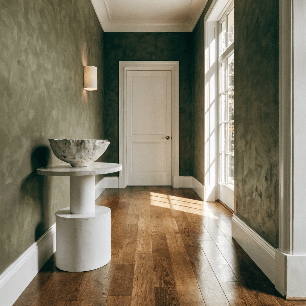 Olive green walls bring warmth and natural character to this hallway design.
