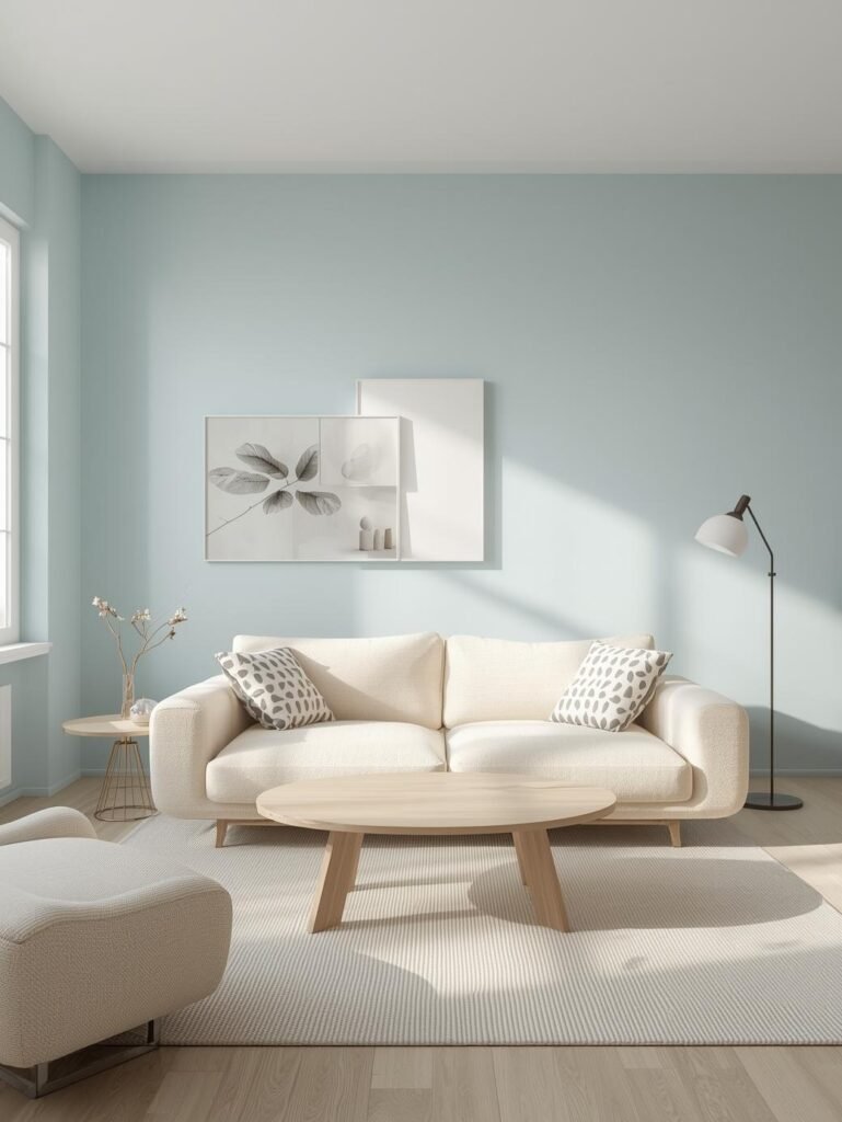 Soft pastel blue walls paired with neutral furniture create a calm and airy living room atmosphere