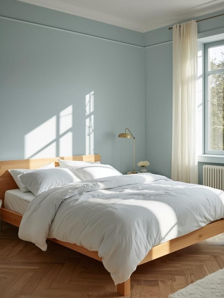 Powder blue walls paired with crisp white bedding create a serene and relaxing bedroom atmosphere.