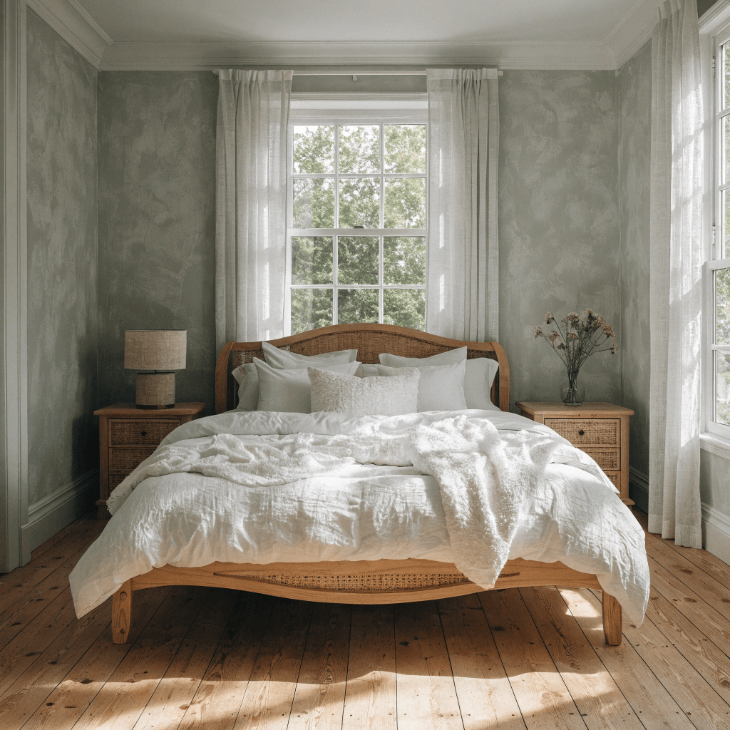 Soft sage walls create a peaceful bedroom atmosphere paired with white bedding and natural wood furniture.