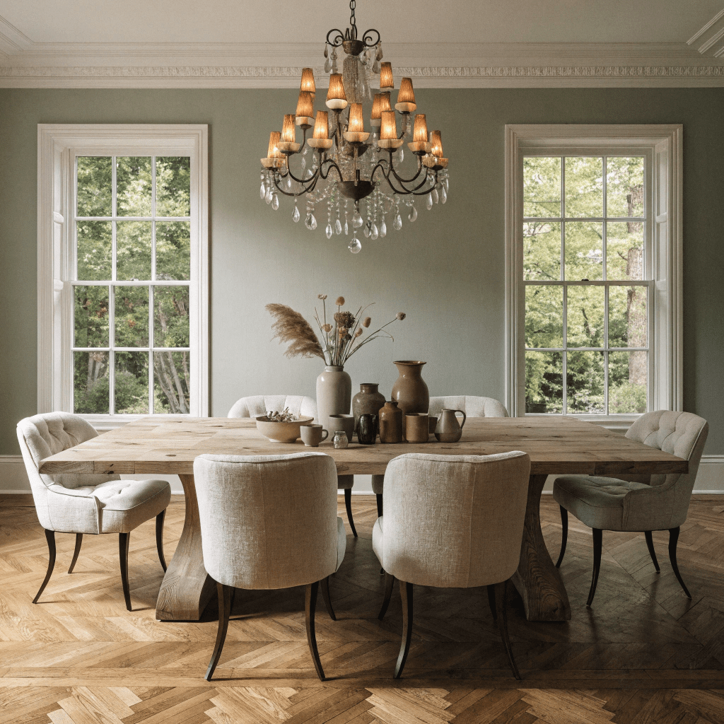 Sage green walls brighten the dining room while maintaining a calm and elegant atmosphere.