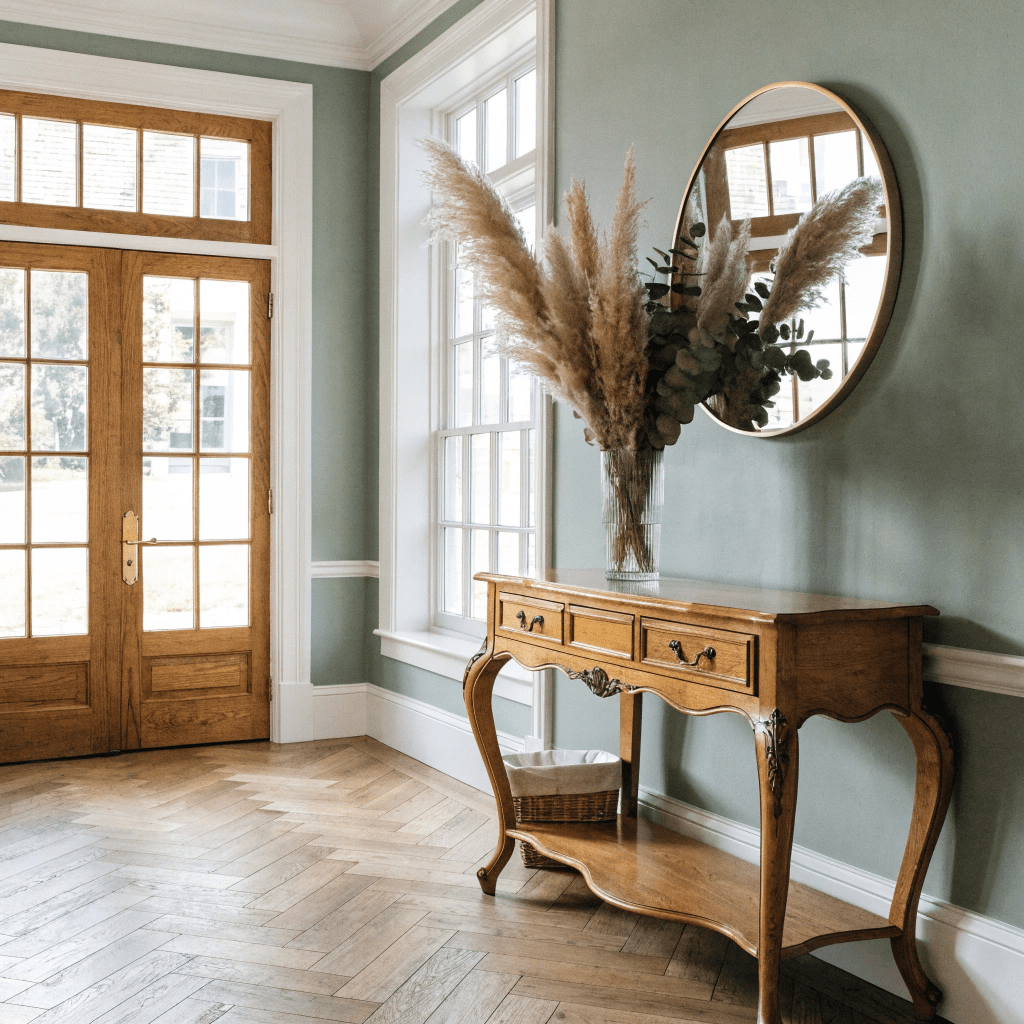 Sage green walls create a welcoming and calming entryway interior.