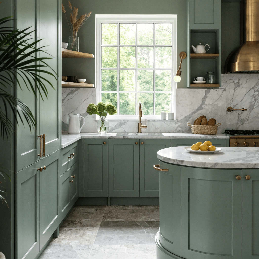 Sage green cabinetry paired with marble countertops creates a bright and elegant kitchen palette.