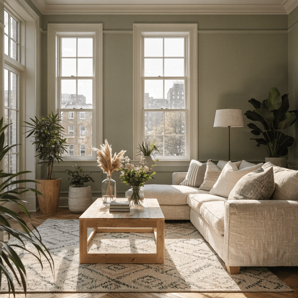 Sage green walls paired with neutral furniture create a calm and welcoming living room design.