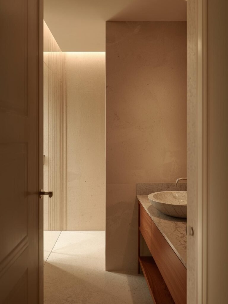 Sand tones and natural stone textures bring warmth to a neutral bathroom design.