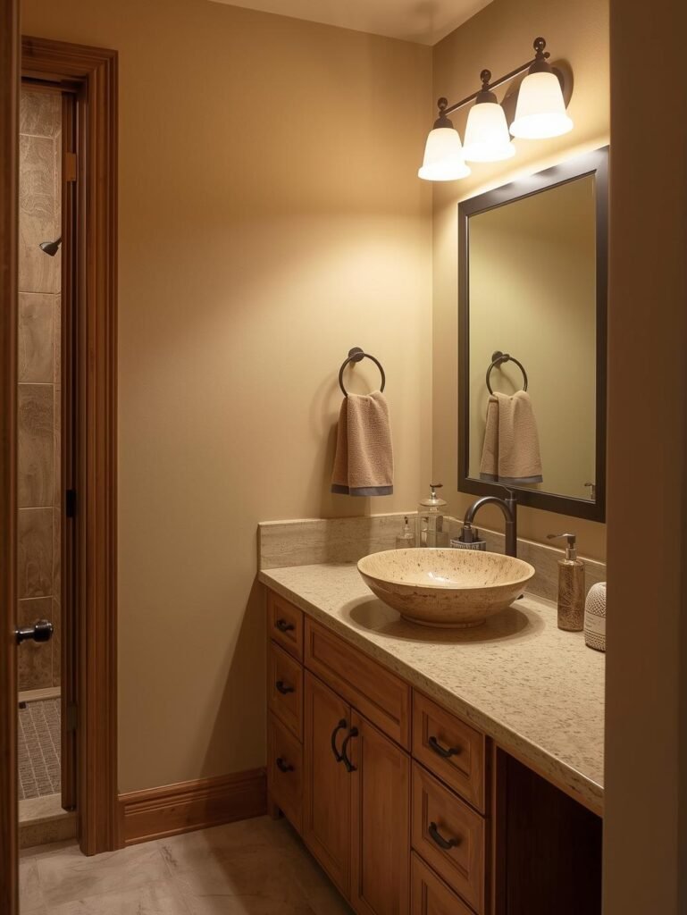 Soft sand tones combined with natural wood create a calming and welcoming bathroom space.