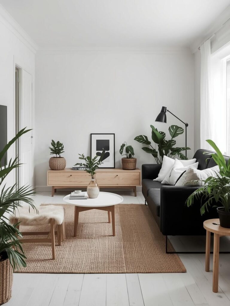 Modern living room with a black sofa, a wooden coffee table, and various indoor plants. The decor features a neutral color palette with white walls and wooden furniture.