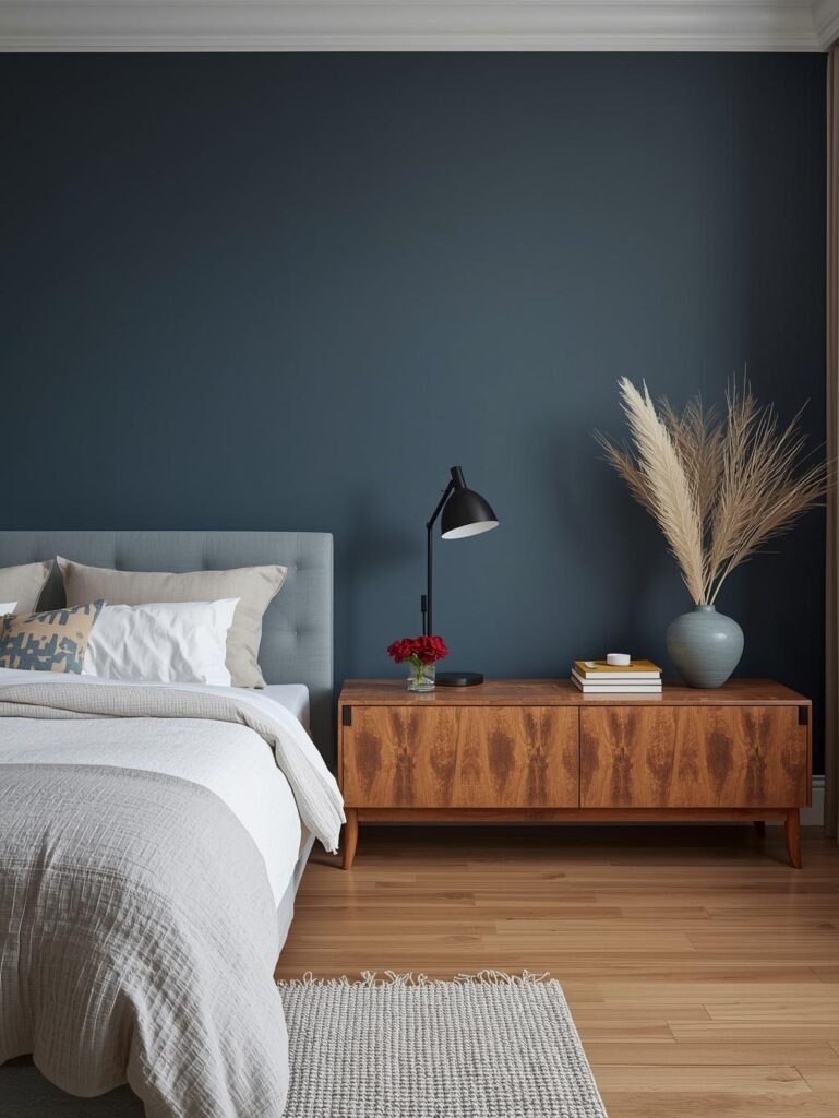 A slate blue accent wall creates a modern and elegant bedroom palette.