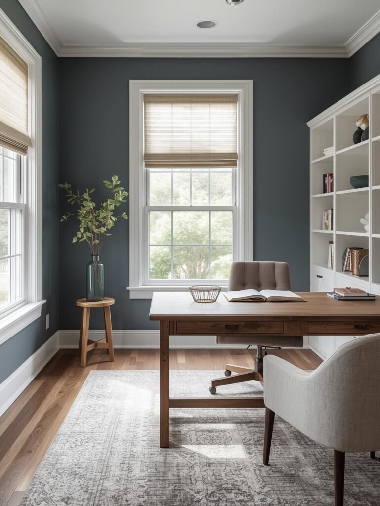 Slate blue walls create a calm and productive workspace environment.