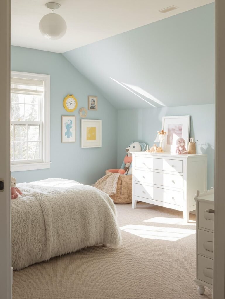 Soft blue walls create a calm yet playful atmosphere in this modern kids room.