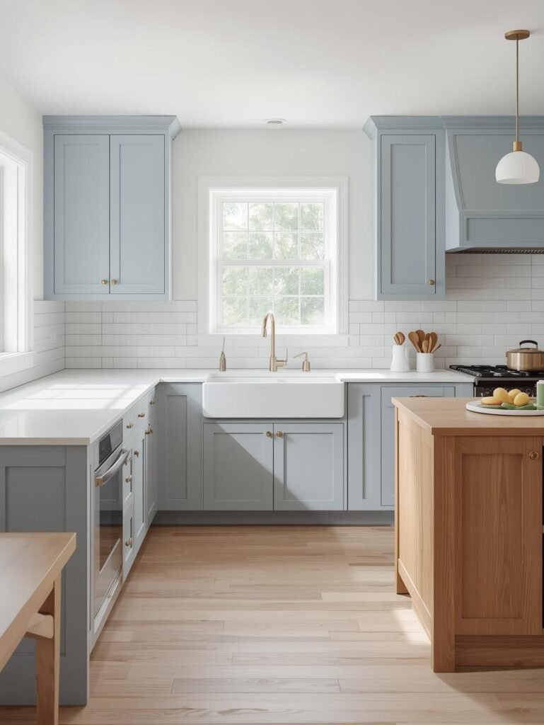 Soft blue cabinetry combined with white tile and wood accents creates a bright and welcoming kitchen.