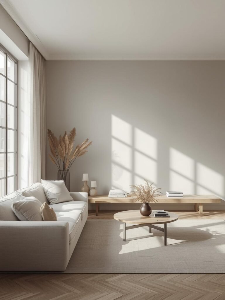 Soft gray walls paired with white seating and light wood accents create a clean, modern neutral palette.