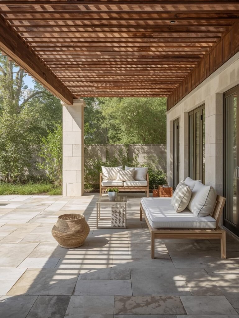 Stone textures and soft linen cushions define this timeless neutral outdoor palette.
Discover the complete outdoor guide on our website.