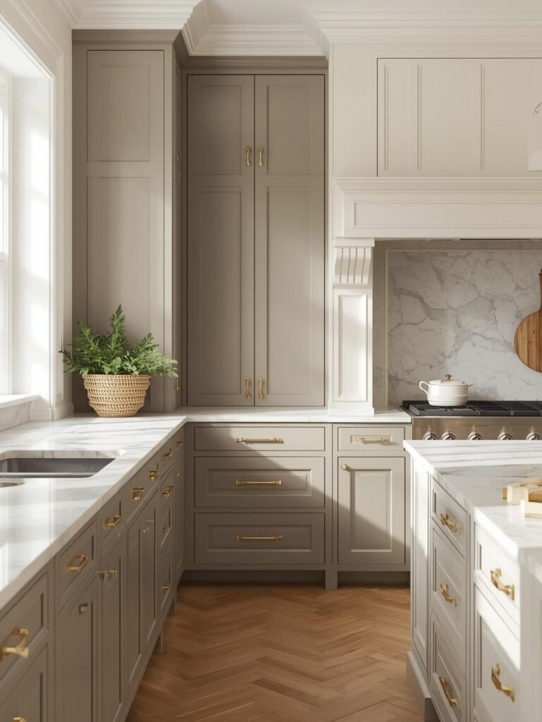 Taupe cabinetry and cream tones create depth while maintaining a soft neutral aesthetic.