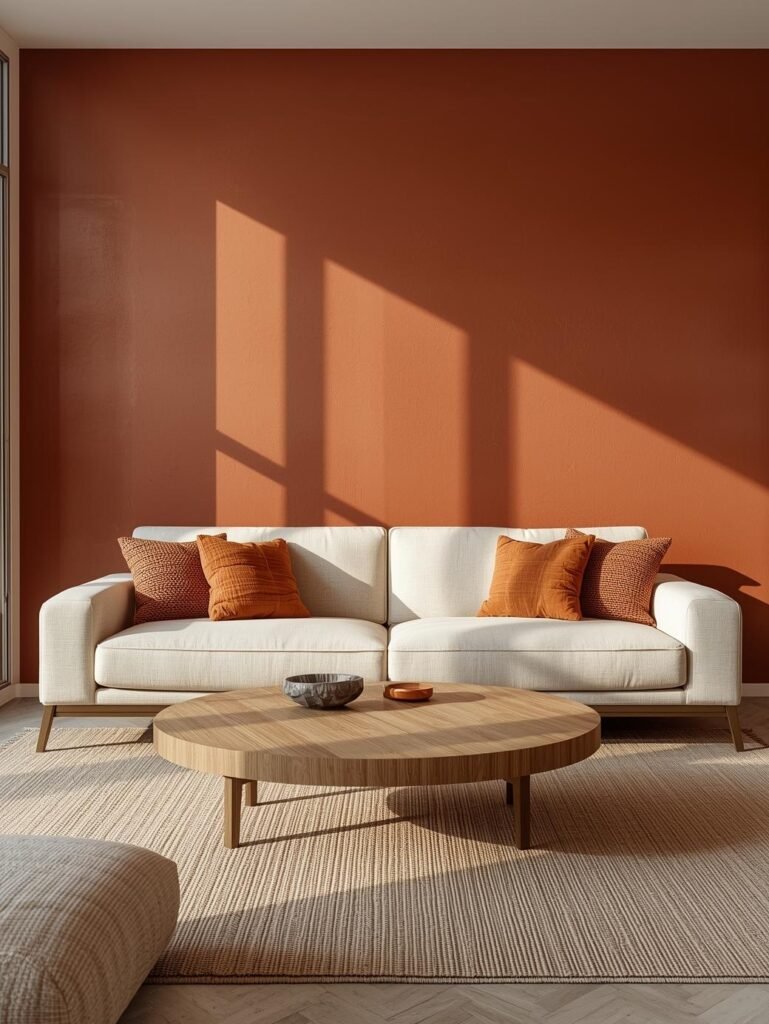 Terracotta walls paired with cream upholstery create a rich and welcoming living room atmosphere.
