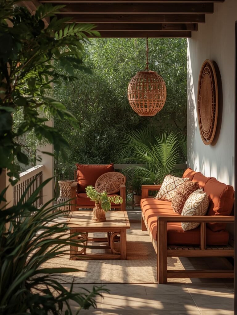 Terracotta cushions and natural wood furniture create a relaxed and inviting patio color scheme.