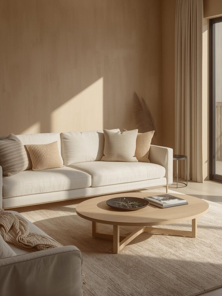 A layered neutral living room featuring beige walls and cream upholstery. Soft textures and natural light create a timeless, inviting space.