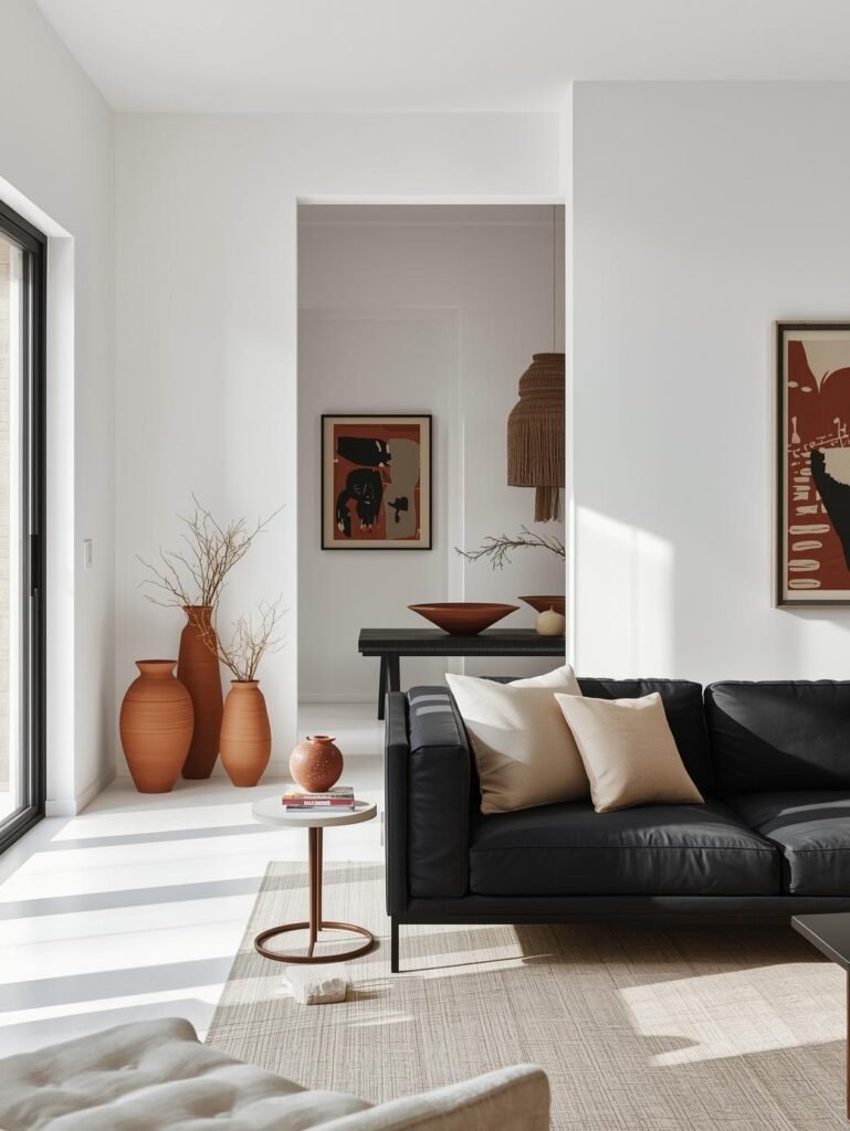 Modern living room featuring a black sofa with beige pillows, a round side table, and decorative vases. The room has neutral walls, wooden accents, and ambient natural light.
