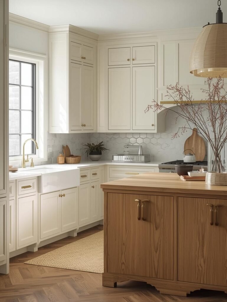 Warm white cabinets combined with oak wood and brass accents create a timeless kitchen design.