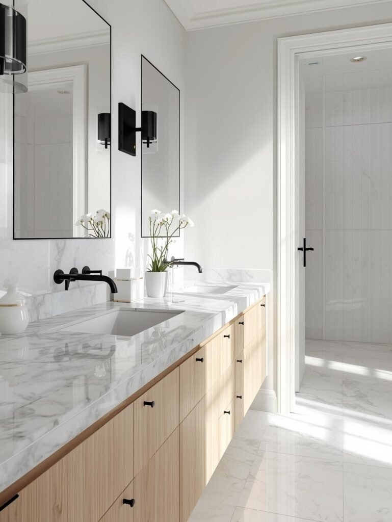 White tiles and marble surfaces create a clean, spa-inspired neutral bathroom look.
