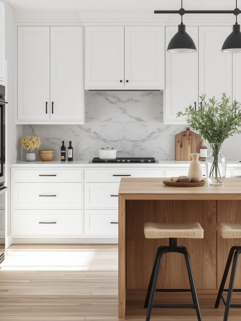 Crisp white cabinetry combined with warm wood tones creates a balanced neutral kitchen design.