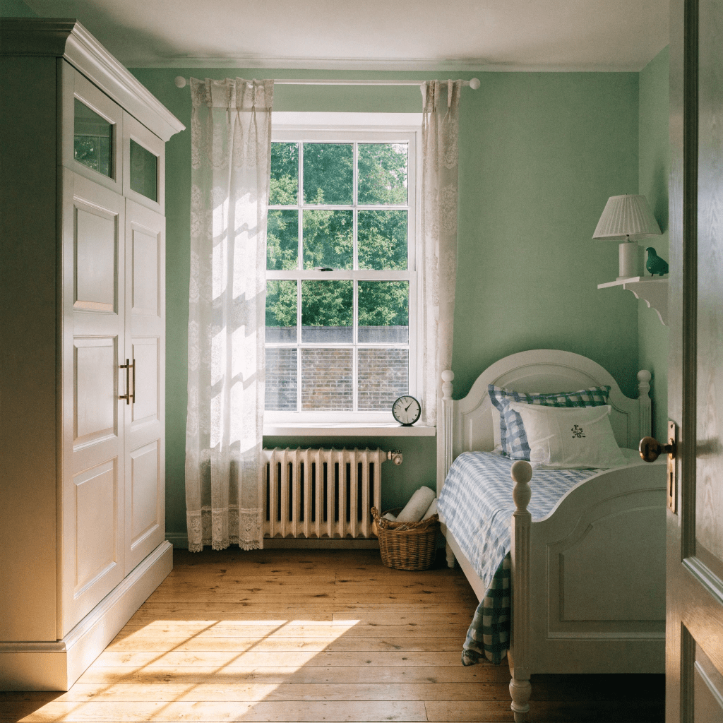 Soft green walls create a playful and calming children's bedroom environment.