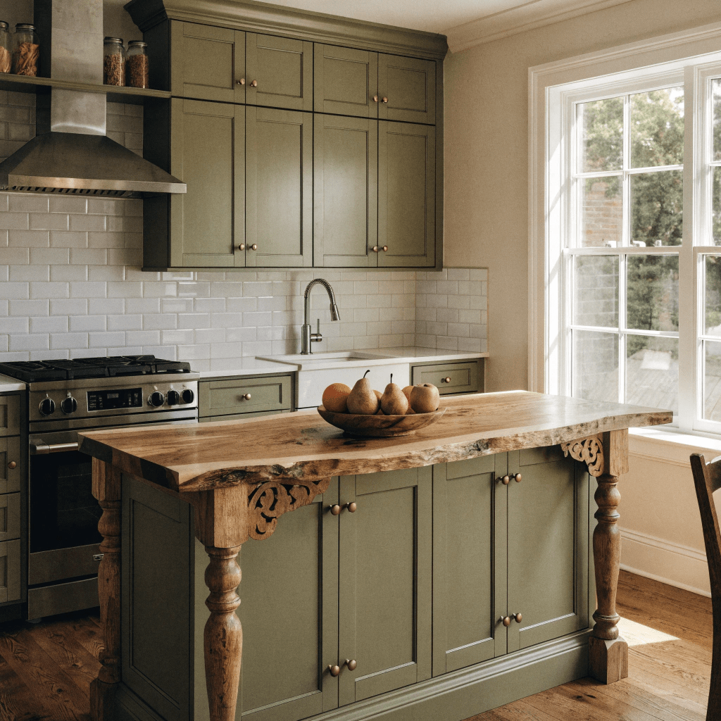 Olive green cabinets add depth and natural warmth to this modern kitchen interior.