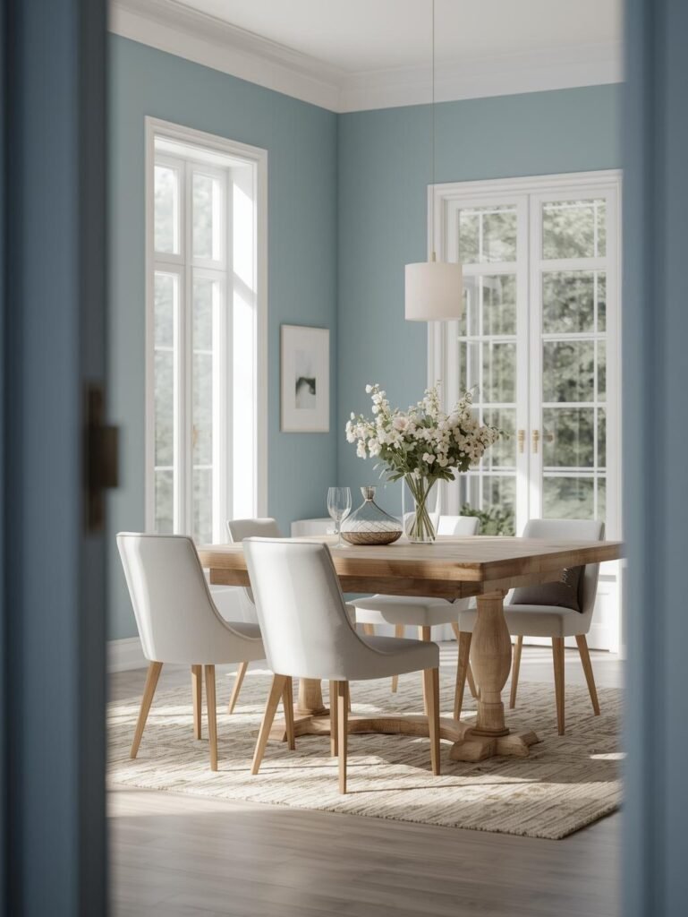 Soft blue walls brighten this dining space while maintaining a calm and elegant palette.